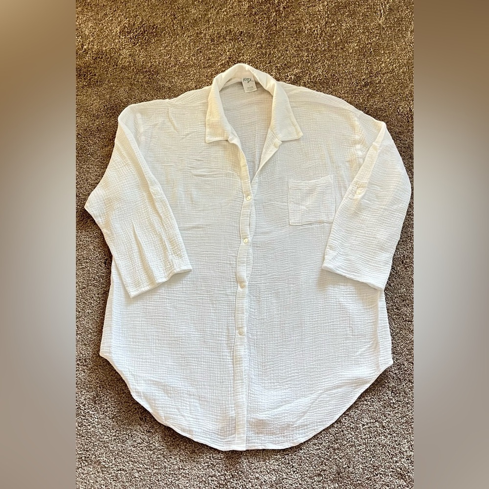 Kona Sol Shirt Womens Size Large White Buttonup Longsleeve Collar Swim Coverup
